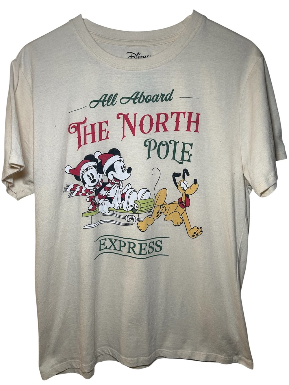 Disney Cream The North Pole Express Graphic Tee Womens Large Disneyland Mickey